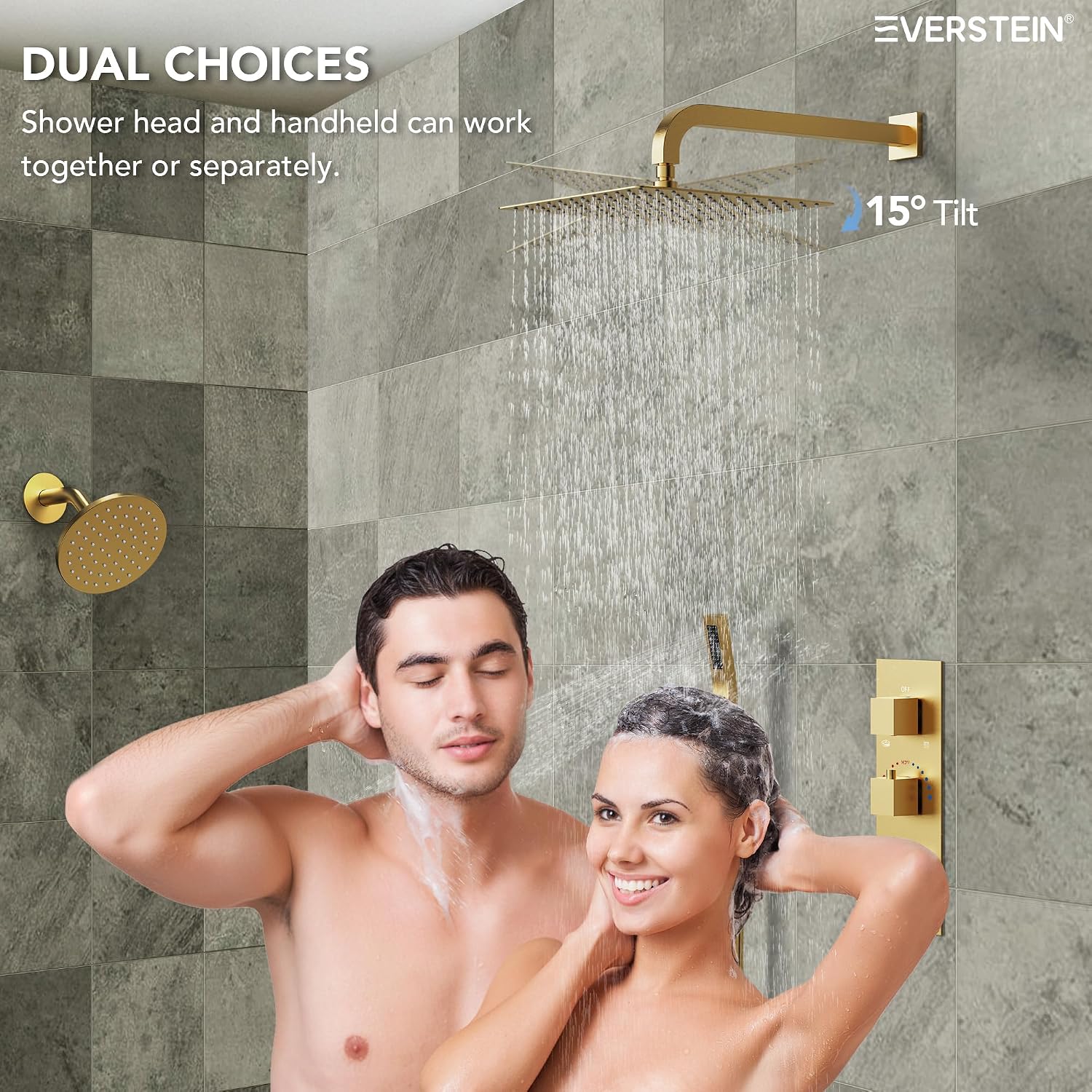 Thermostatic Shower system, 12 & 6 in. Bathroom Shower Set Wall Mount Dual Shower Head Faucet in Brushed Gold