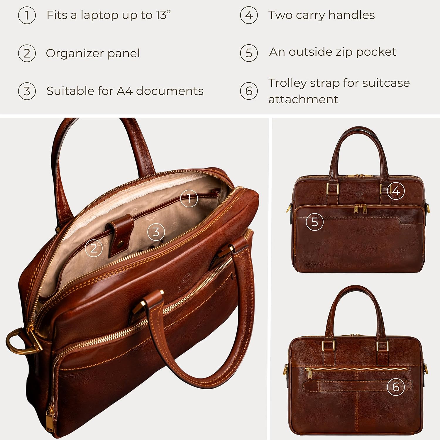 Time Resistance Leather Briefcase - Italian Handmade Leather Laptop Bag - Briefcase for Men and Women - Computer Bag