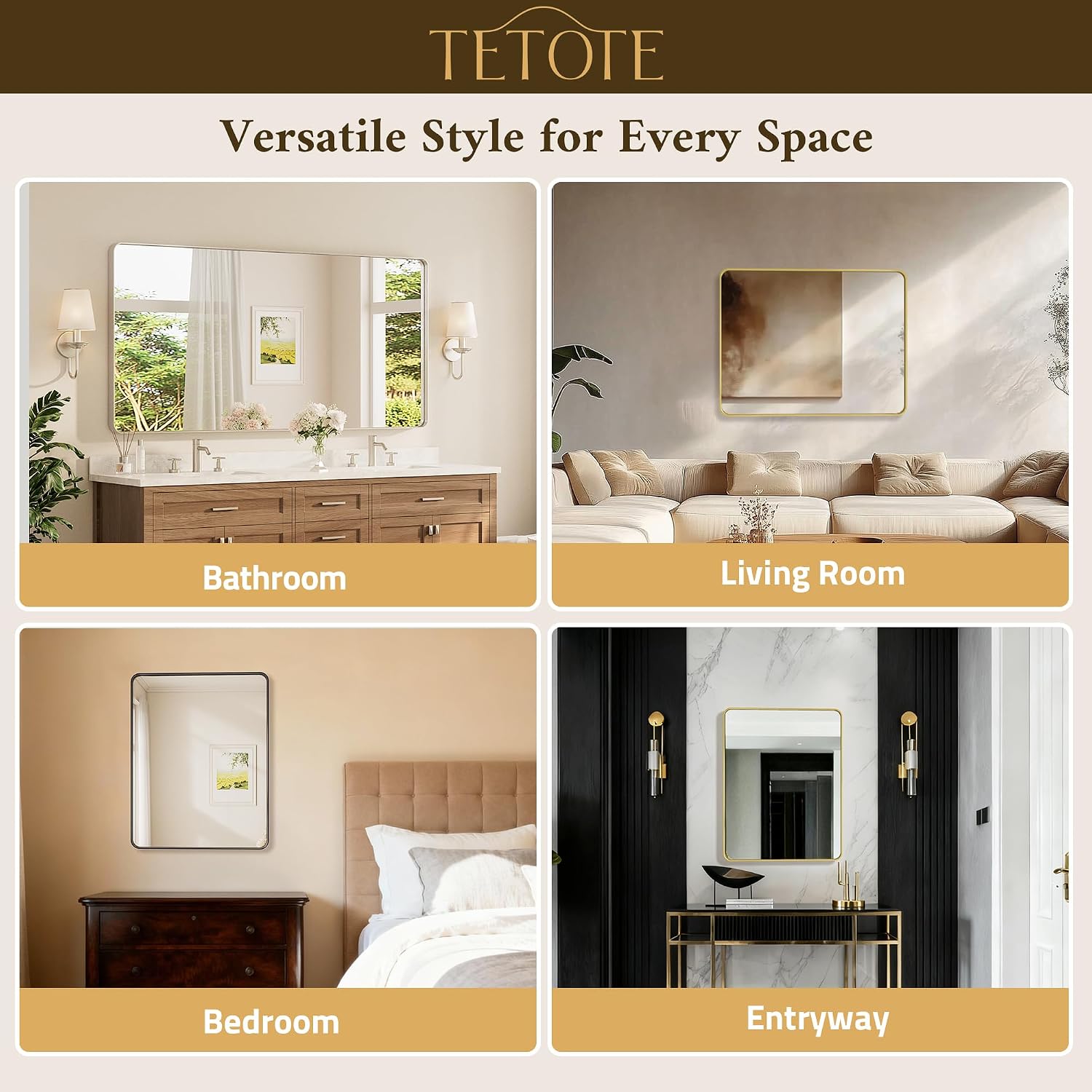 TETOTE Brushed Gold Bathroom Mirror, 40 x 24 Inch Metal Framed Mirror, Brushed Brass Rectangle Wall Mounted Golden Vanity Mirror (Horizontal/Vertical)