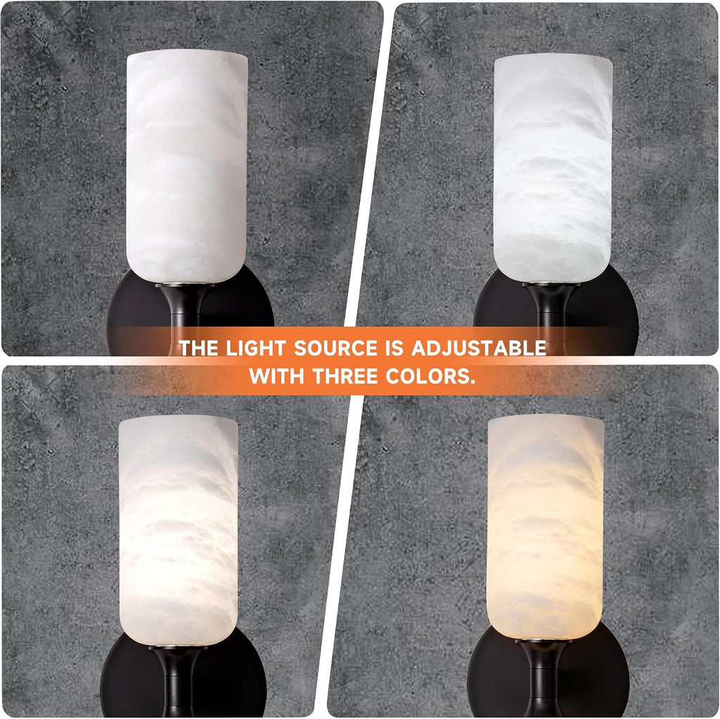 Alabaster Wall Sconce, 14in Modern Spanish Natural Marble Bathroom Vanity Sconces, Unique Indoor Black Wall Lighting Fixtures Decor for Bedroom Living Room Staircases