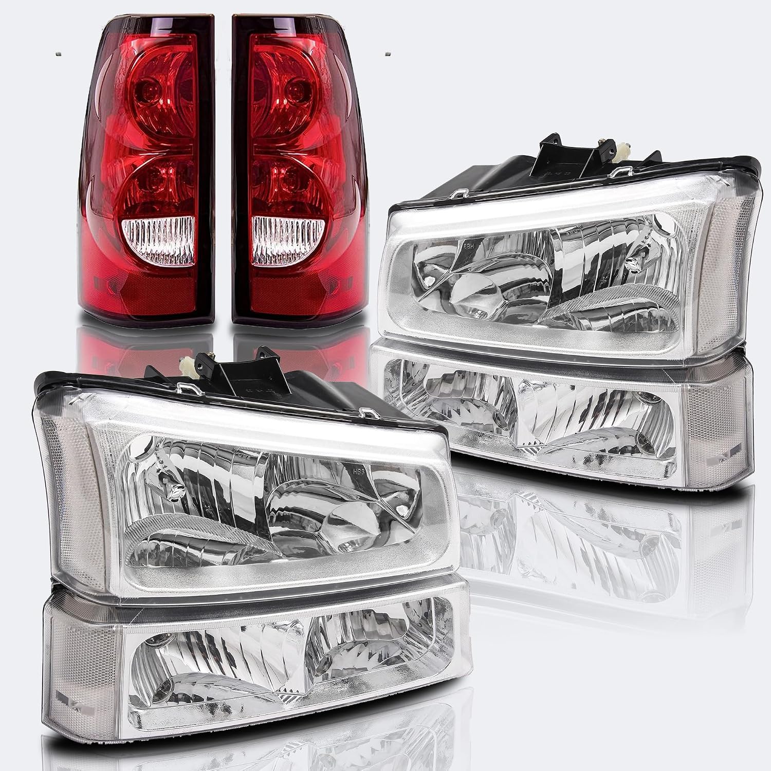 Headlights and Taillights Assembly Combo Kits for 2003-2006 Chevy Silverado 1500 2500 3500 & 2007 Chevy Silverado Classic Head Lamps/Red Rear Tail Brake Signal Lights Replacement (LH RH),Chrome Clear