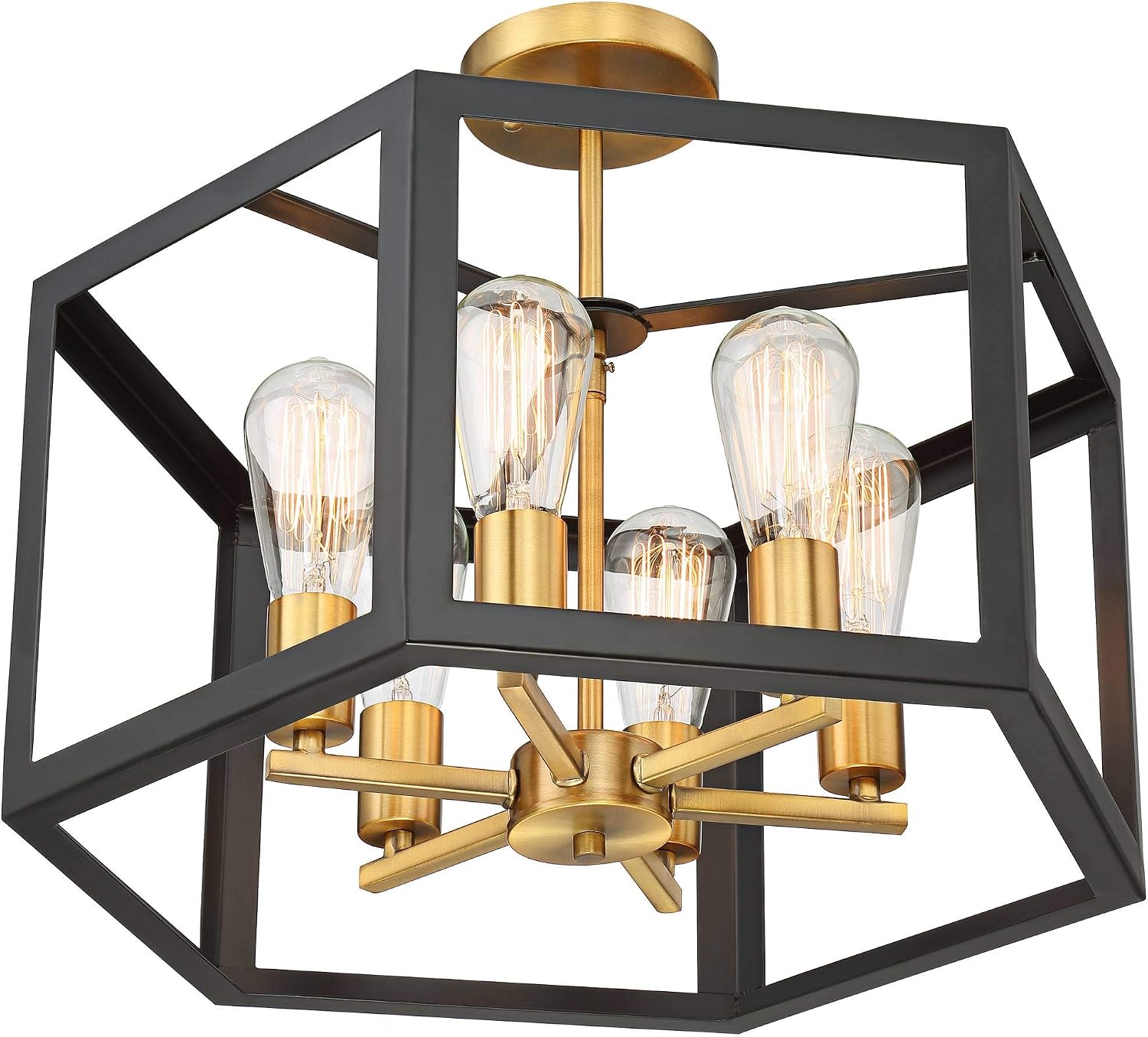Possini Euro Design Beni Industrial Rustic Farmhouse Ceiling Light Semi Flush-Mount Fixture 20' Wide Antique Bronze Gold 6-Light Open Pentagon Frame for Bedroom Kitchen Living Room Hallway Dining
