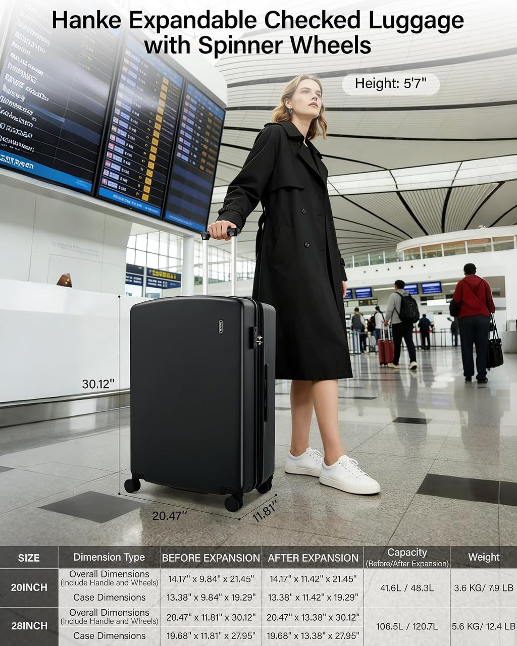 Hanke Expandable Luggage Sets 2 Piece, 20 Inch and 28 Inch Luggage Sets with Spinner Wheels, Durable PC Hard Shell Rolling Suitcase with TSA Lock for Travel (20/28 Inch, Jet Black)