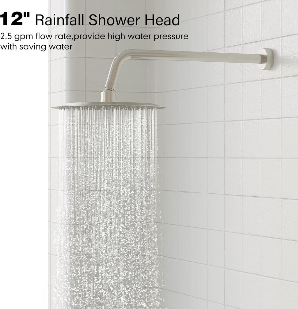 Gabrylly Shower System, High Pressure 12' Rain Shower Head with Handheld Shower, Wall Mounted Slide Bar Shower Faucet Set Complete, Shower Combo Set with Shower Valve,Brushed Nickel