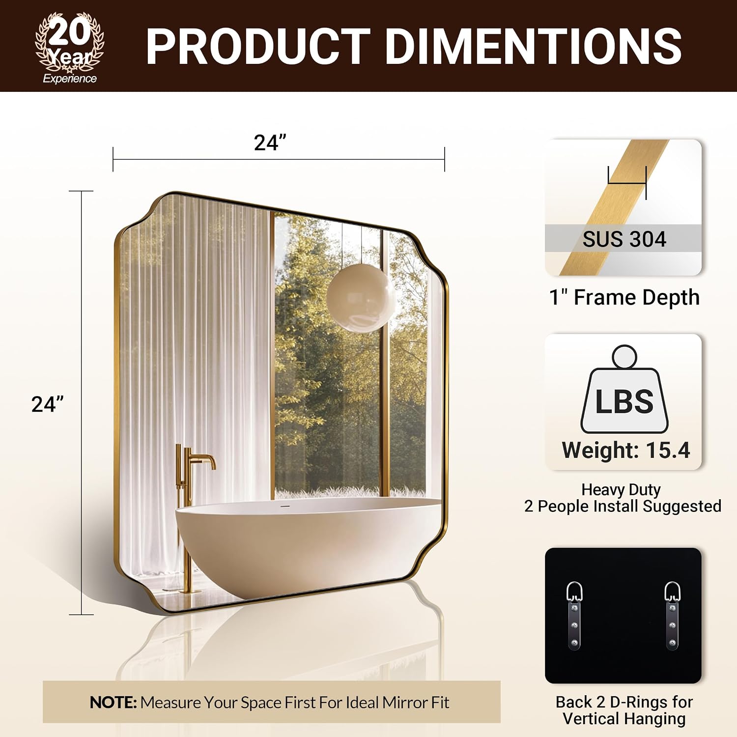 ANDY STAR Square Gold Vanity Mirrors, 24'x24' Brushed Brass Scalloped Bathroom Mirror, Antique Wall Mirror with Anti-Rust Stainless Steel Frame, Rounded Notched Corner Design Ideal for Home Deocr