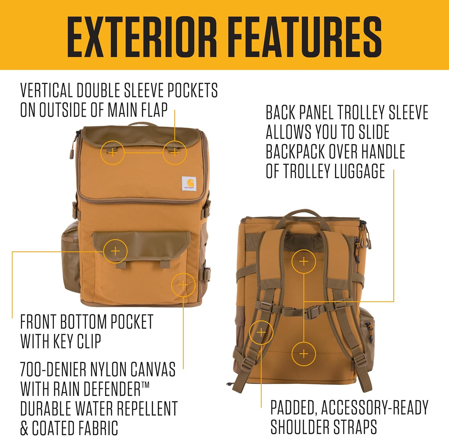 Carhartt 35L Nylon Workday Backpack, Durable Water-Resistant Pack with 15' Laptop Sleeve and Adjustable Shoulder Straps, Carhartt Brown