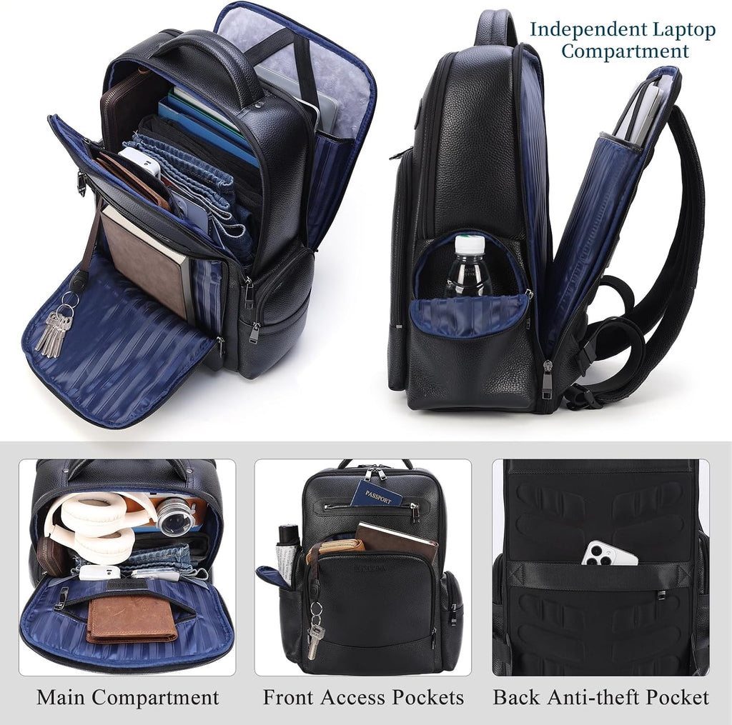 Masa Kawa Black Leather Business Travel Laptop Backpack for Men Fits 15.6' 16' Computer Office Work Commuting Executive Bag Waterproof Daypack