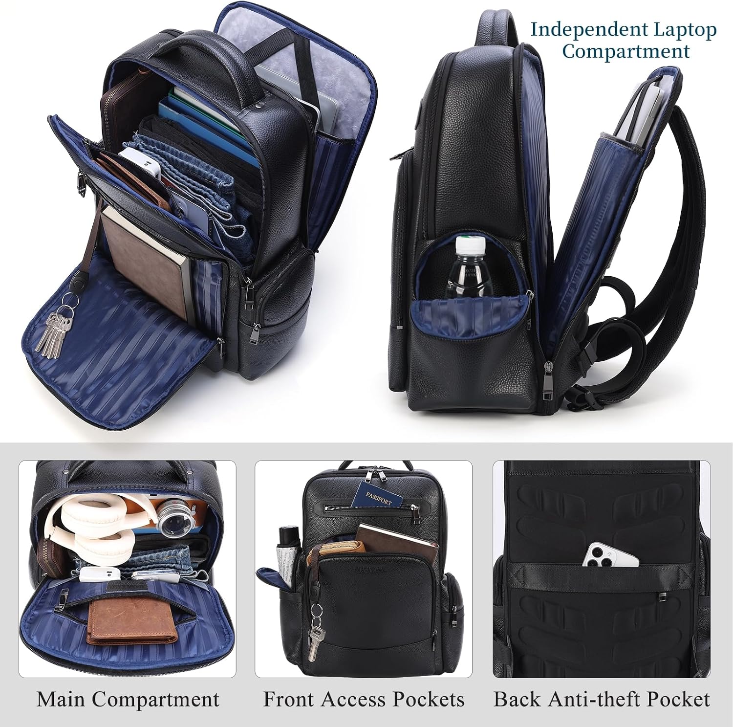 Masa Kawa Black Leather Business Travel Laptop Backpack for Men Fits 15.6' 16' Computer Office Work Commuting Executive Bag Waterproof Daypack