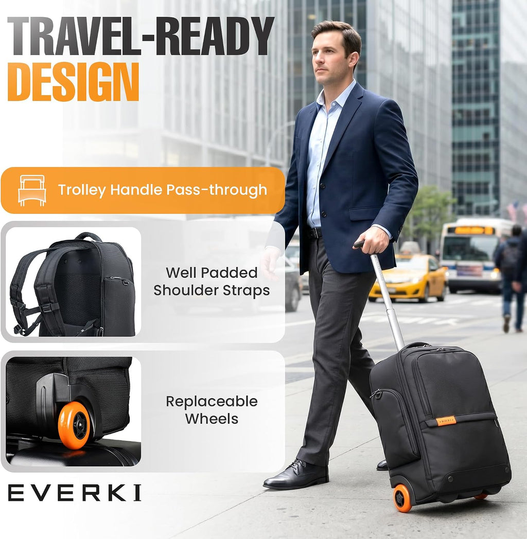 EVERKI 123 Wheeled 32L Laptop Backpack - Rolling Backpack for Men & Women - Carry-On Travel Roller Backpack for Laptops - Fits 15.6 to 16 Inches with Replaceable Wheels for Business & Work - Black