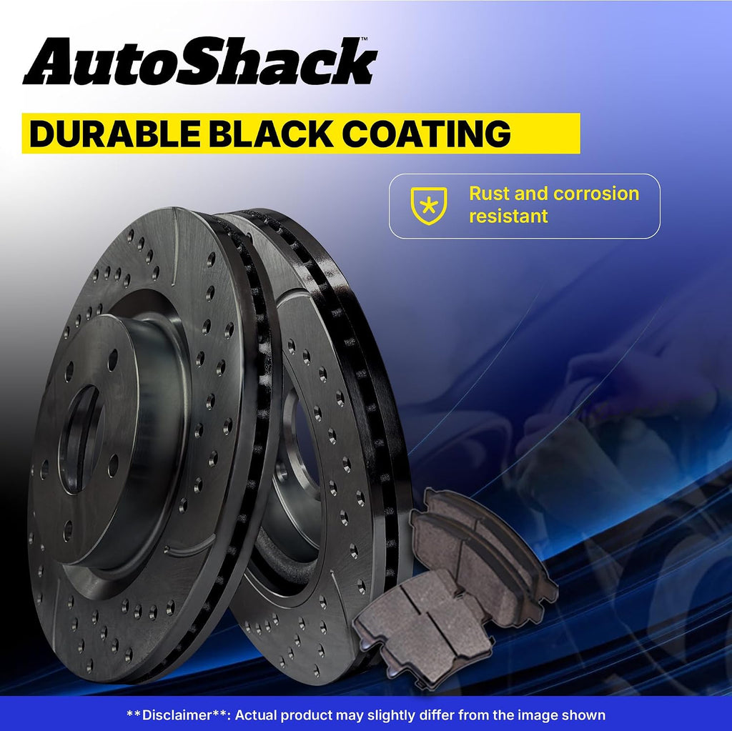 AutoShack Front & Rear Brake Rotors & Premium Pads for Chevrolet, Silverado 2500 HD 2001-2010, 4WD RWD V8 6.0L 6.6L 8.1L - E-Coated Drilled & Slotted - Black Finish - NightGuard