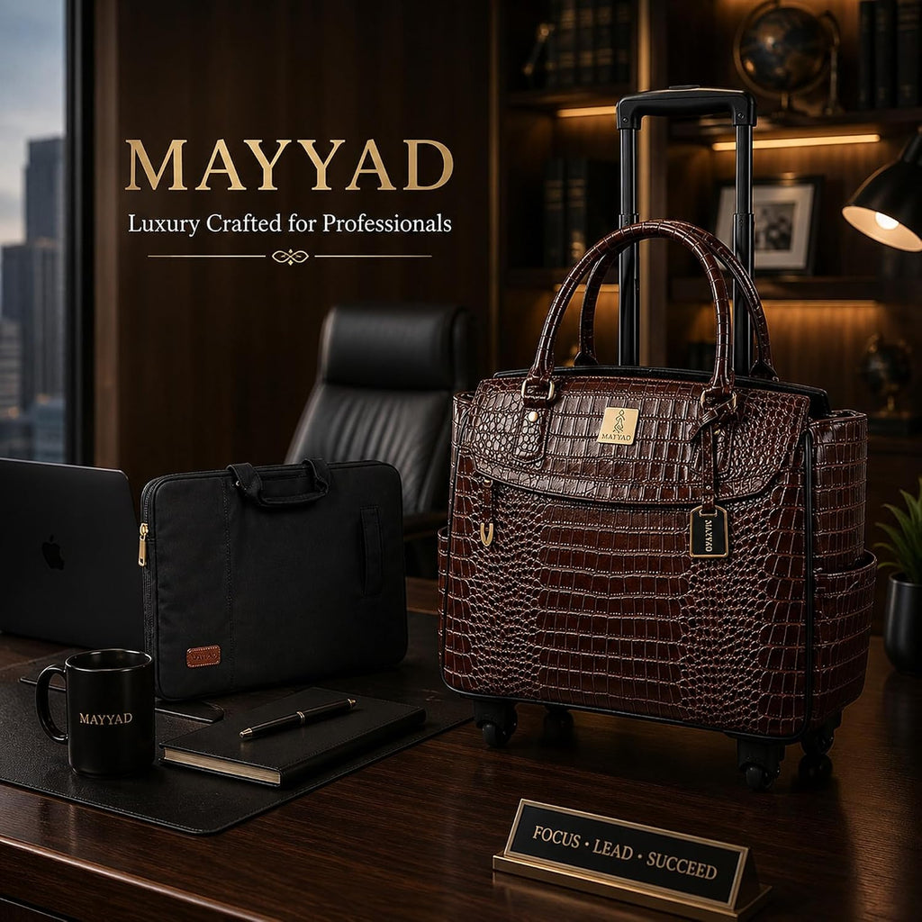 Rolling Laptop Bag for Women with Wheels & Handle Luxury Pure Leather Embossed Work Bag with Laptop Sleeve Travel Briefcase