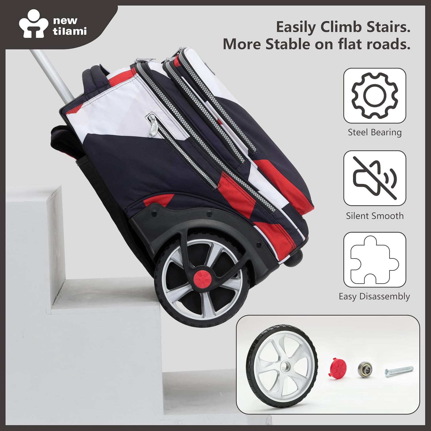 NEW TILAMI 20' Rolling Backpack for Teens Adults, Climbing Stairs Waterproof Backpack with Wheels for School Business Trave Camping with Laptop Compartment, Fit 17 Inch Laptop, Black - Red Combo