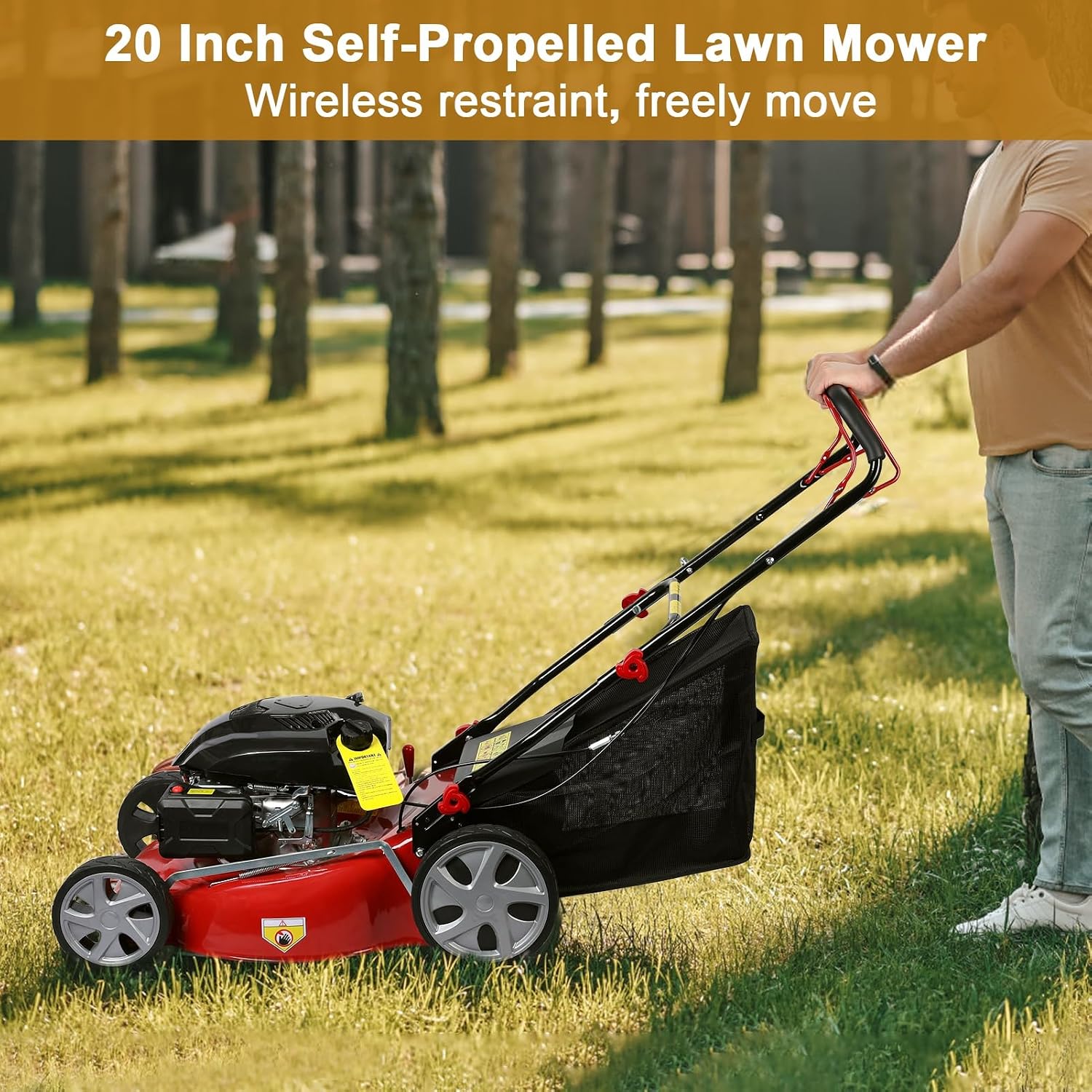 Self Propelled Gas Lawn Mower, 141cc 20 Inches Gas Lawn Mower, 7-Position Single Lever Height Adjustment, Push Lawn Mower Gas Powered with 50L Grass Tank and Big Wheels for Lawn Care Red