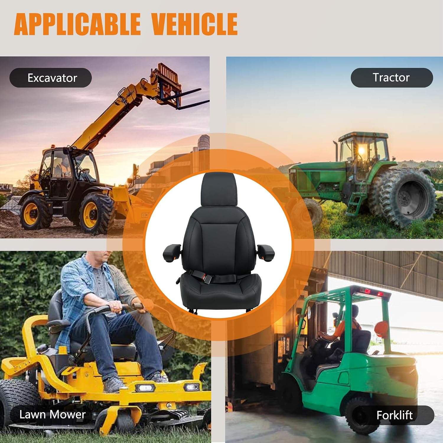 Universal Zero Turn Mower Seat,Forklift Tractor Seat with Safety Seatbelt,Micro Switch,Adjustable Backrest,Headrest Armrests Fits Zero Turn Seat Skid Steer Loader Dozer Telehandler(Black)