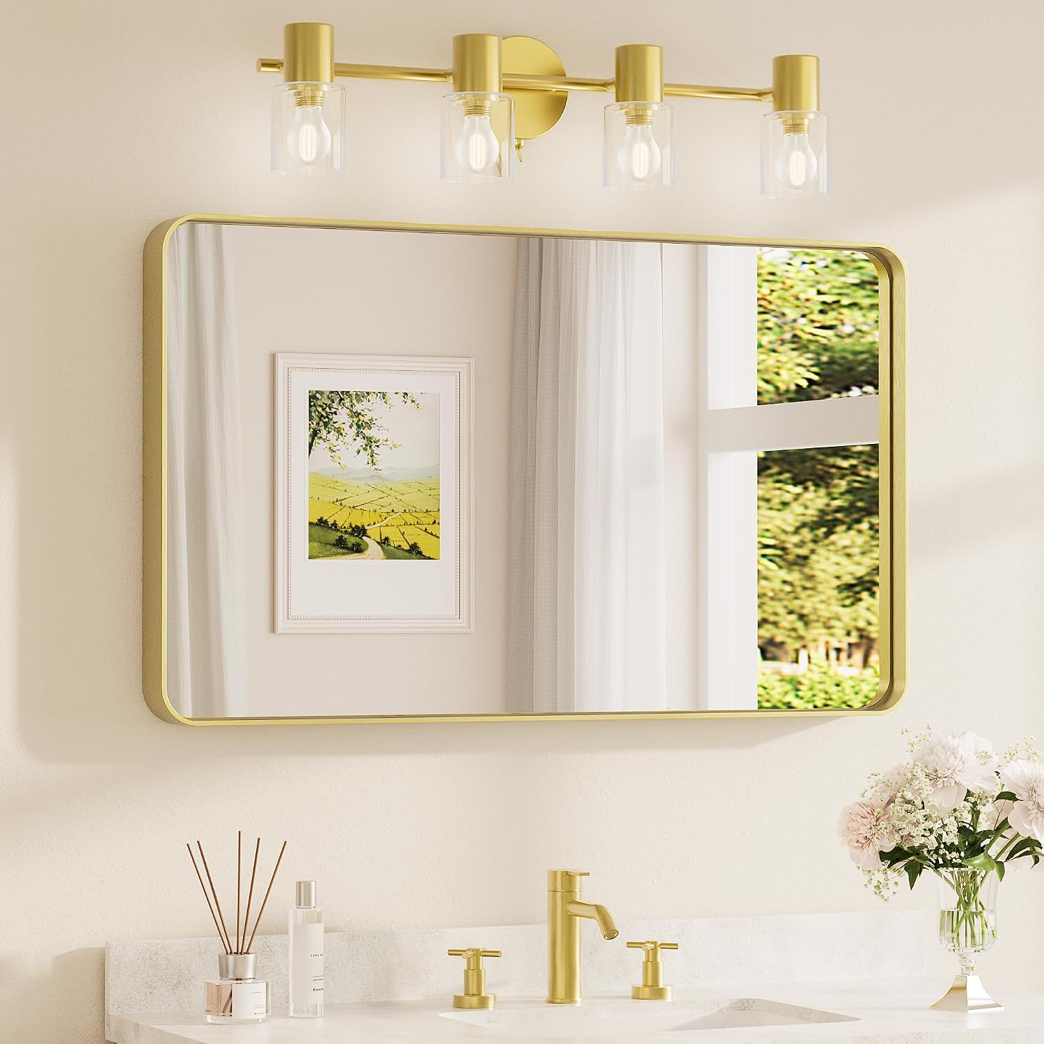 TETOTE Brushed Gold Bathroom Mirror, 40 x 24 Inch Metal Framed Mirror, Brushed Brass Rectangle Wall Mounted Golden Vanity Mirror (Horizontal/Vertical)