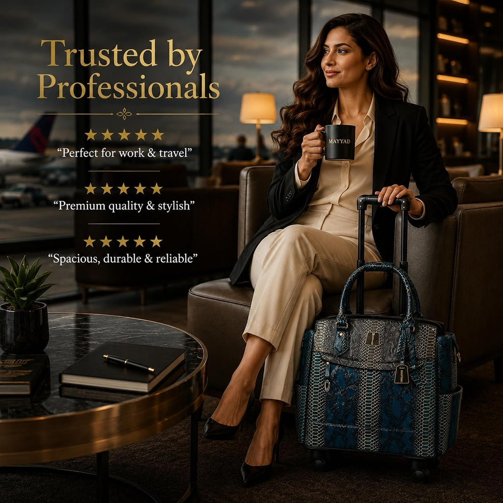 Rolling Laptop Bag for Women with Wheels & Handle Luxury Pure Leather Embossed Work Bag with Laptop Sleeve Travel Briefcase