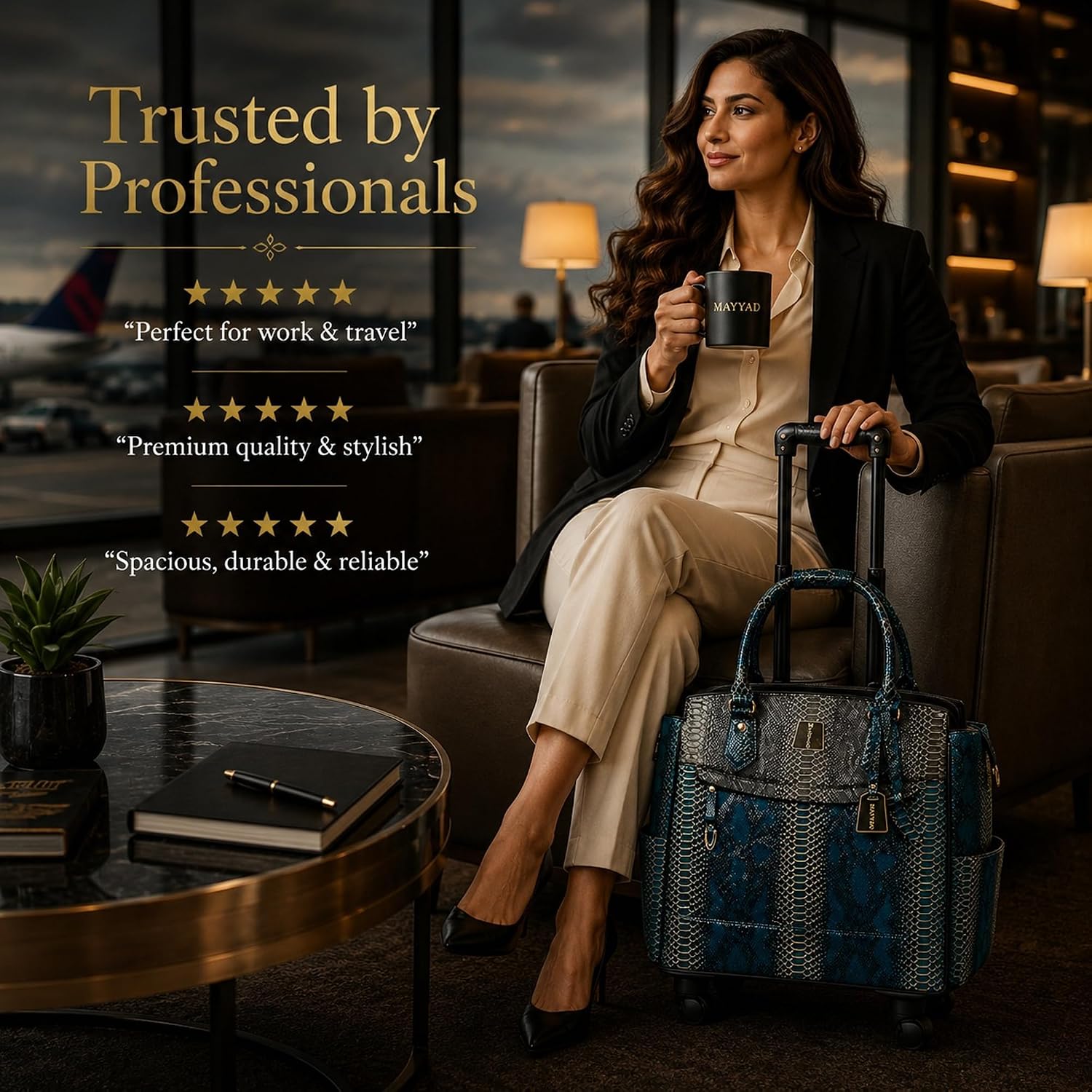 Rolling Laptop Bag for Women with Wheels & Handle Luxury Pure Leather Embossed Work Bag with Laptop Sleeve Travel Briefcase