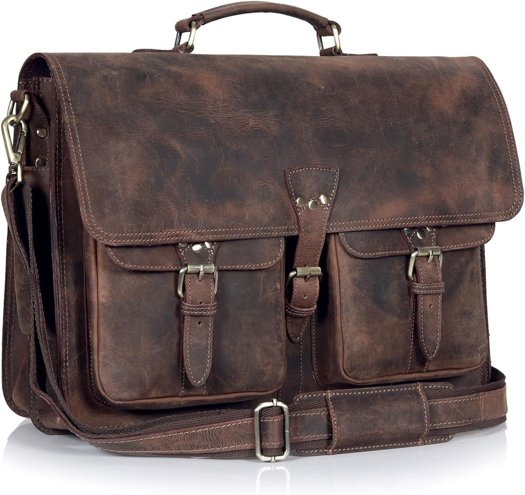 Vintage Leather Messenger Bag for Men & Women, Multi-Pocket Briefcase Satchel, Laptop Shoulder Bag
