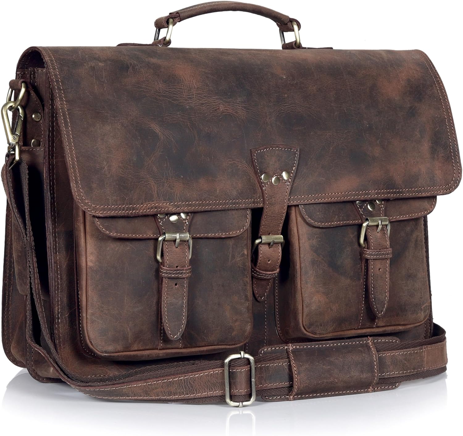Vintage Leather Messenger Bag for Men & Women, Multi-Pocket Briefcase Satchel, Laptop Shoulder Bag