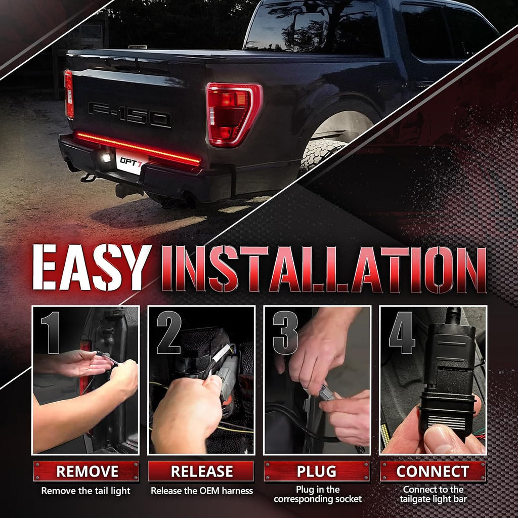 OPT7 Plug'n'Play Bundle for 2021-2023 F150 w/OE Halogen Taillights and Blind Spot Monitor – 48' Redline Triple Row LED Tailgate Light Bar w/Sequential Amber Turn + Easy Connect Harness