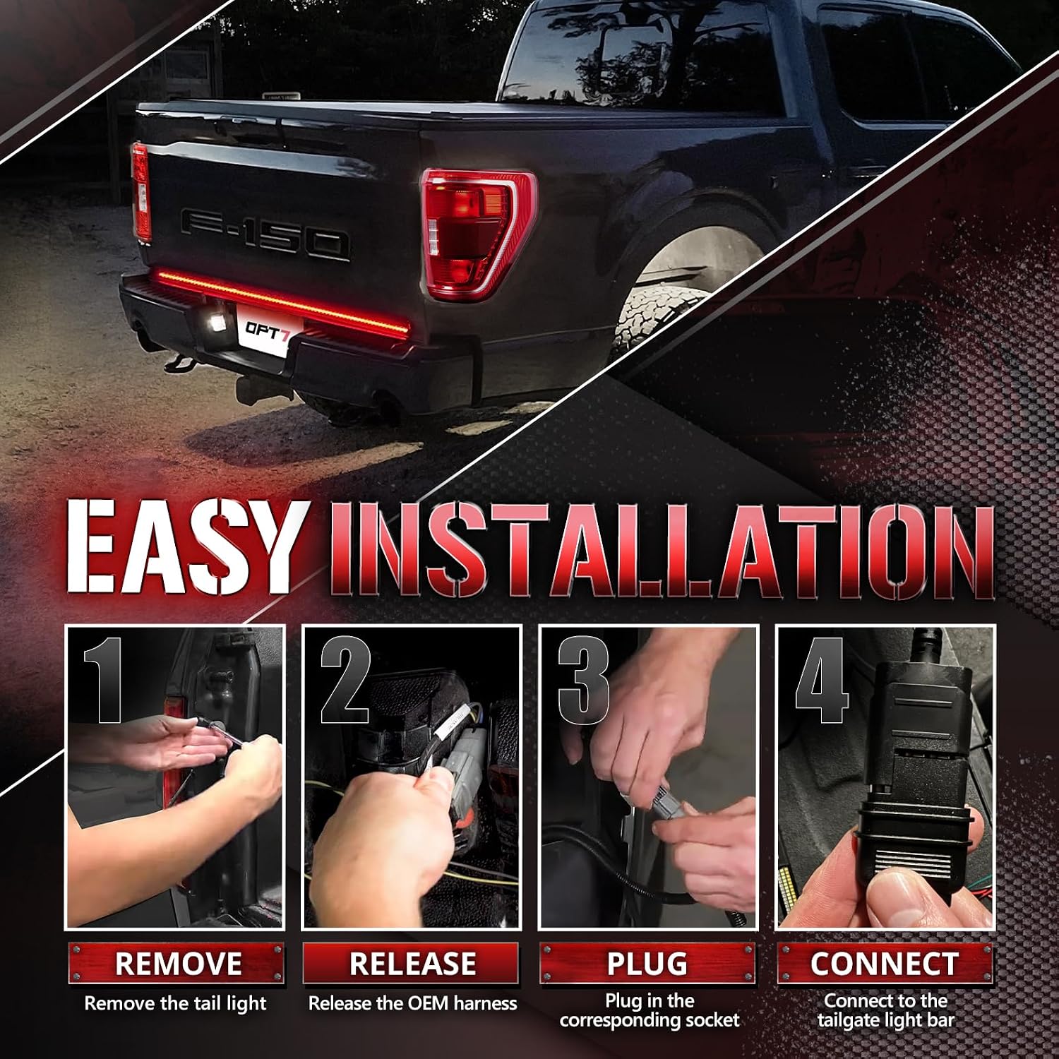 OPT7 Plug'n'Play Bundle for 2021-2023 F150 w/OE Halogen Taillights and Blind Spot Monitor – 48' Redline Triple Row LED Tailgate Light Bar w/Sequential Amber Turn + Easy Connect Harness