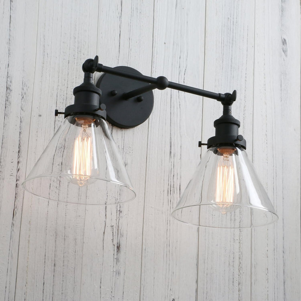 PERMO Industrial Double Sconce 2-Lights Wall Sconces with Dual Funnel Clear Glass Shade Wall Sconce for Mirror Hallway Bedroom, Hardwired, E26 Base (Black)