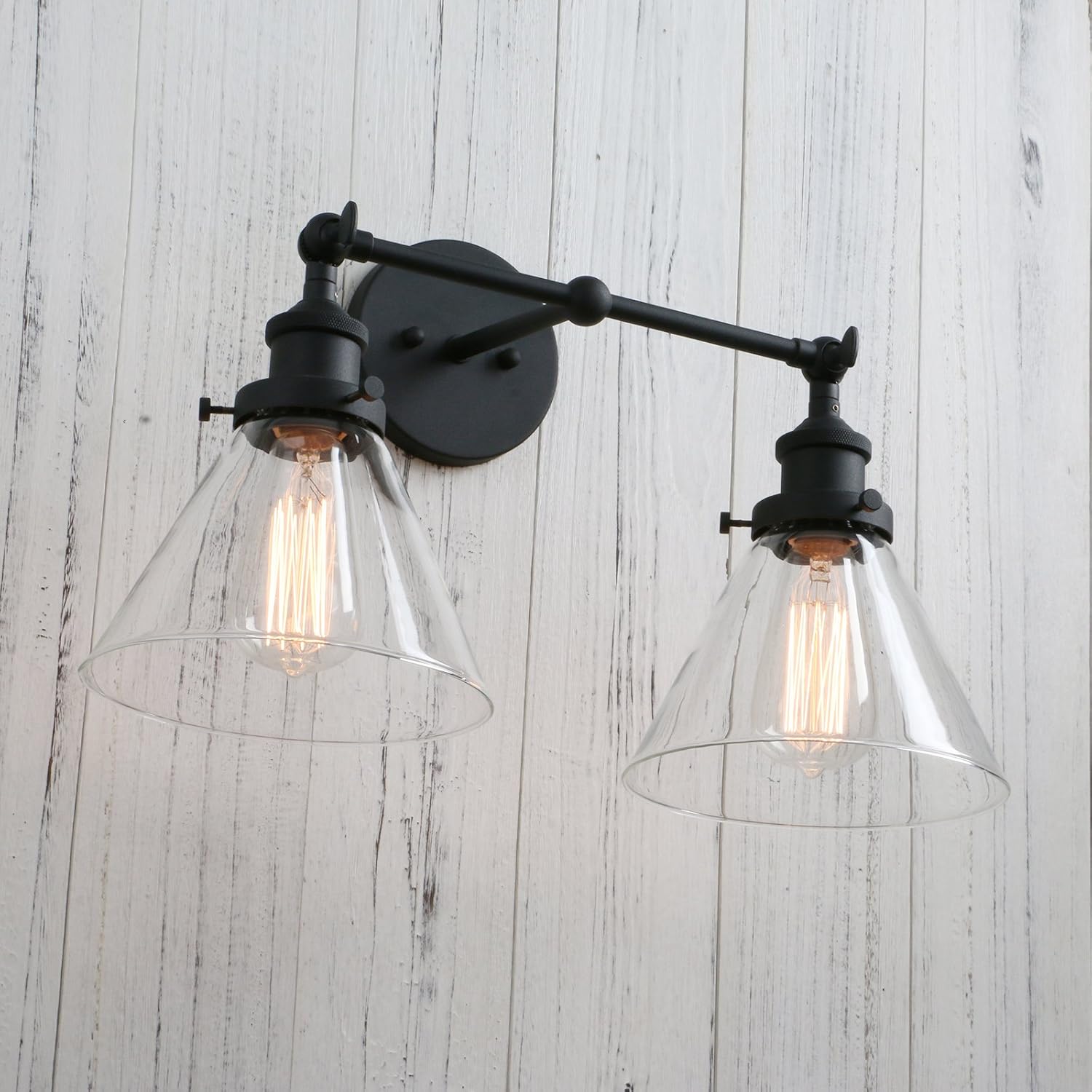 PERMO Industrial Double Sconce 2-Lights Wall Sconces with Dual Funnel Clear Glass Shade Wall Sconce for Mirror Hallway Bedroom, Hardwired, E26 Base (Black)
