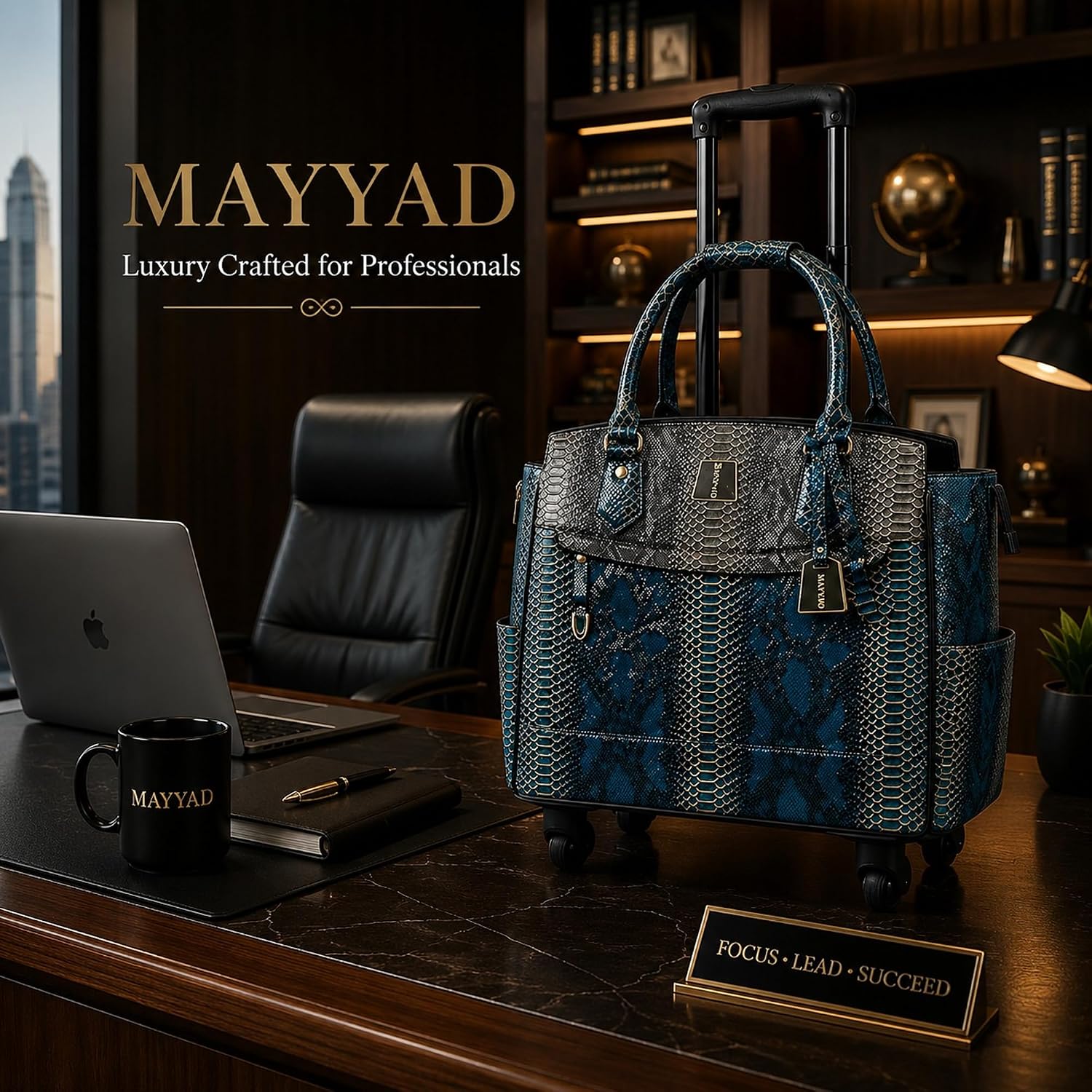 Rolling Laptop Bag for Women with Wheels & Handle Luxury Pure Leather Embossed Work Bag with Laptop Sleeve Travel Briefcase