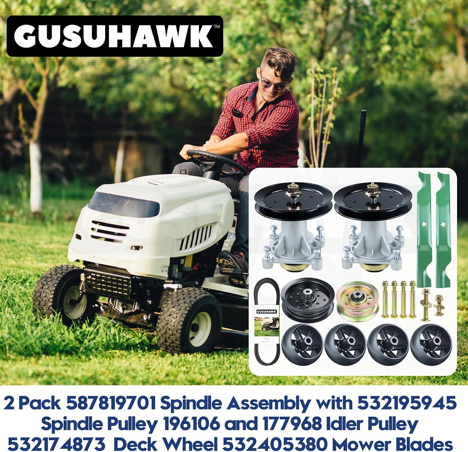 2 Pack 587819701 Spindle Assembly Kit with 197473 Spindle Pulley 196106 177968 Idler Pulley 532405380 Mower Blades 532174873 Deck Wheels 1/2x106 Belt for Husqvarna YTH22V46 Deck Rebuild Kit