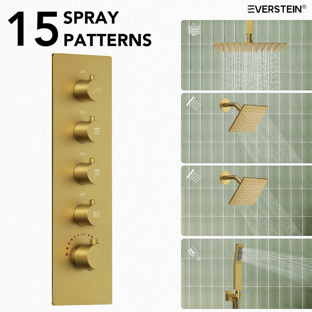 Thermostatic Shower system, 16, 6 in. Bathroom Shower Set Wall Mount Dual Shower Head Faucet in Brushed Gold