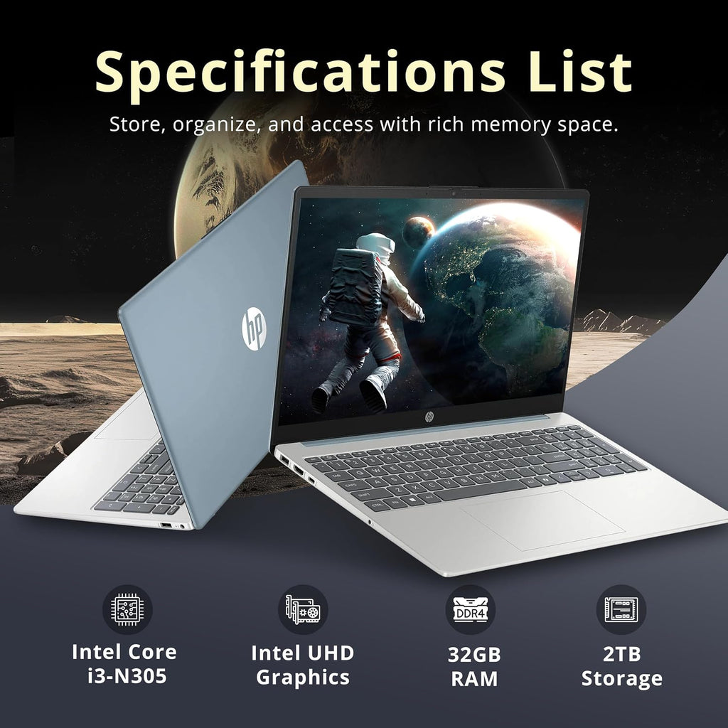 HP 15.6' FHD Touchscreen Laptop, Intel i3-N305, 32GB DDR4 RAM, 2TB Storage(1TB SSD+1TB Docking Station Set), Intel UHD Graphics, Numeric Keypad, 720p HD Camera, Wi-Fi 6, Win 11, Moonlight Blue