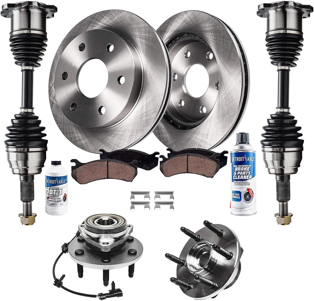 Detroit Axle - Front Brake Kit for Chevy GMC Escalade Avalanche Suburban Tahoe Sierra Silverado 1500 Yukon Brake Rotors CV Axle Shafts Wheel Bearing Hubs Ceramic Brakes Pads Replacement