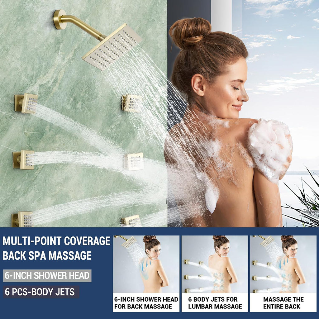 Dasan Thermostatic Dual Shower System with 6 Body Jets, 6-Inch Shower & 16' Rainfall Shower, Luxury Brushed Gold Shower Faucet Set Rain Shower System for Couples/ 2-Person