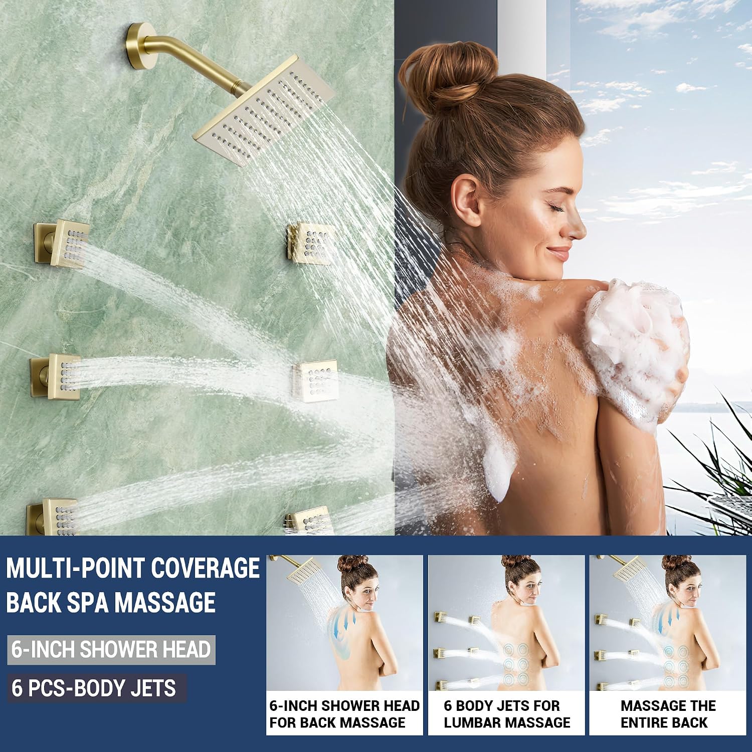 Dasan Thermostatic Dual Shower System with 6 Body Jets, 6-Inch Shower & 16' Rainfall Shower, Luxury Brushed Gold Shower Faucet Set Rain Shower System for Couples/ 2-Person