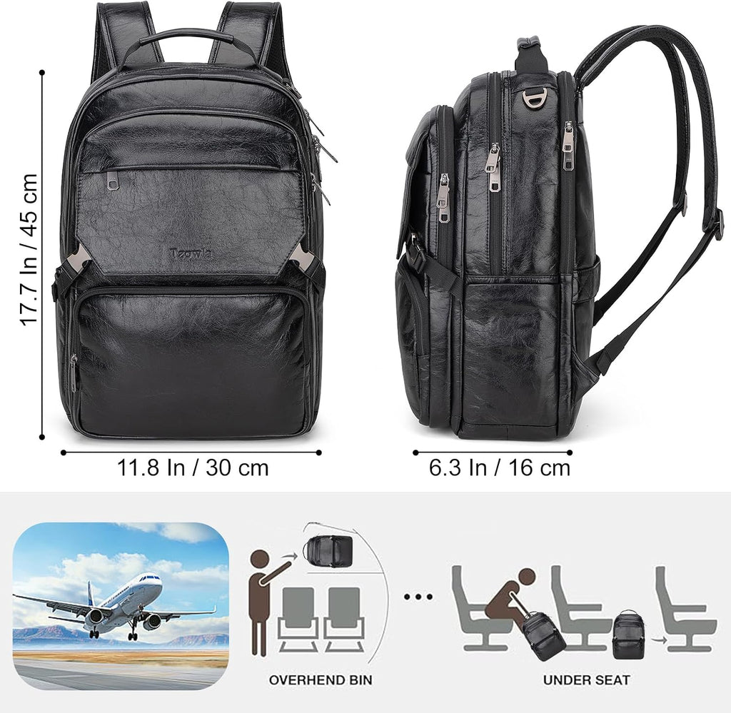 Tzowla Full Grain Genuine Leather Laptop Backpack for Men and Women,Business Work Travel Slim Daypack Fits 15.6 Inch Notebook/Computer-Black