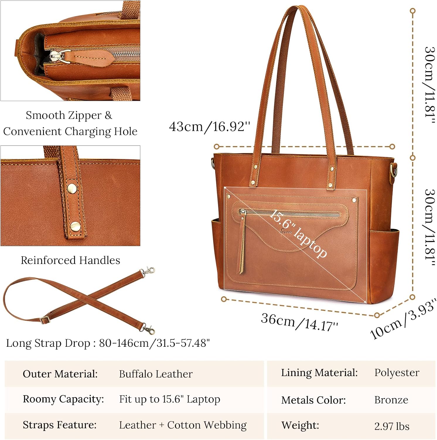 S-ZONE Women Genuine Leather Tote Bag Large Shoulder Purse Vintage Crossbody Work Handbag