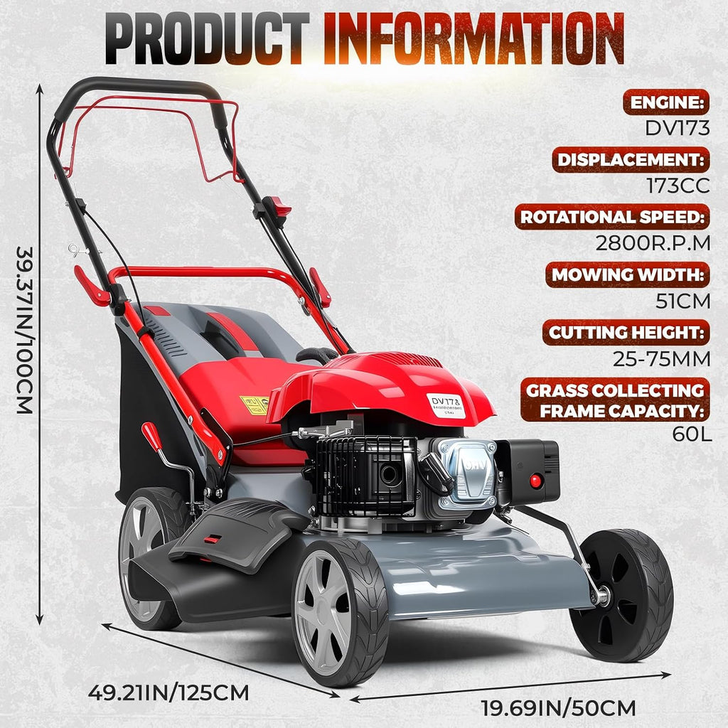 cdar Self-Propelled Gas Lawn Mower, Gas Lawn Mower with 173cc Engine, 60L Grass Bag 20-Inch Cutting Width Adjustable Height Heavy-Duty Steel Deck for Yard Patio & Large Lawns Maintenance Red