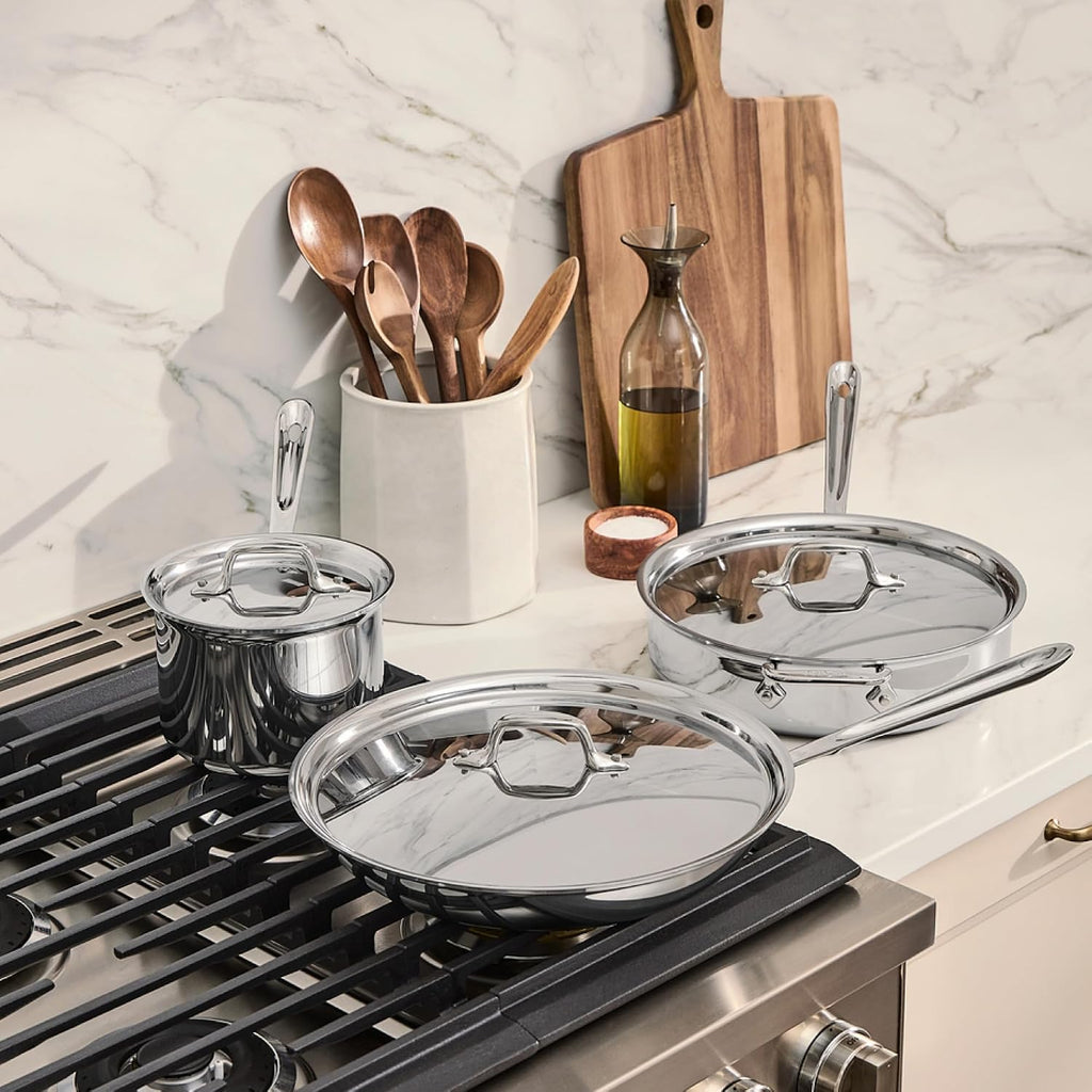 All-Clad D3® Stainless Steel 6 Piece Cookware Set- Made in USA- Includes 12' Fry Pan, 2 Qt Saucepan, 4 Qt Sautépan, Professional Grade -Oven Safe & Induction Compatible