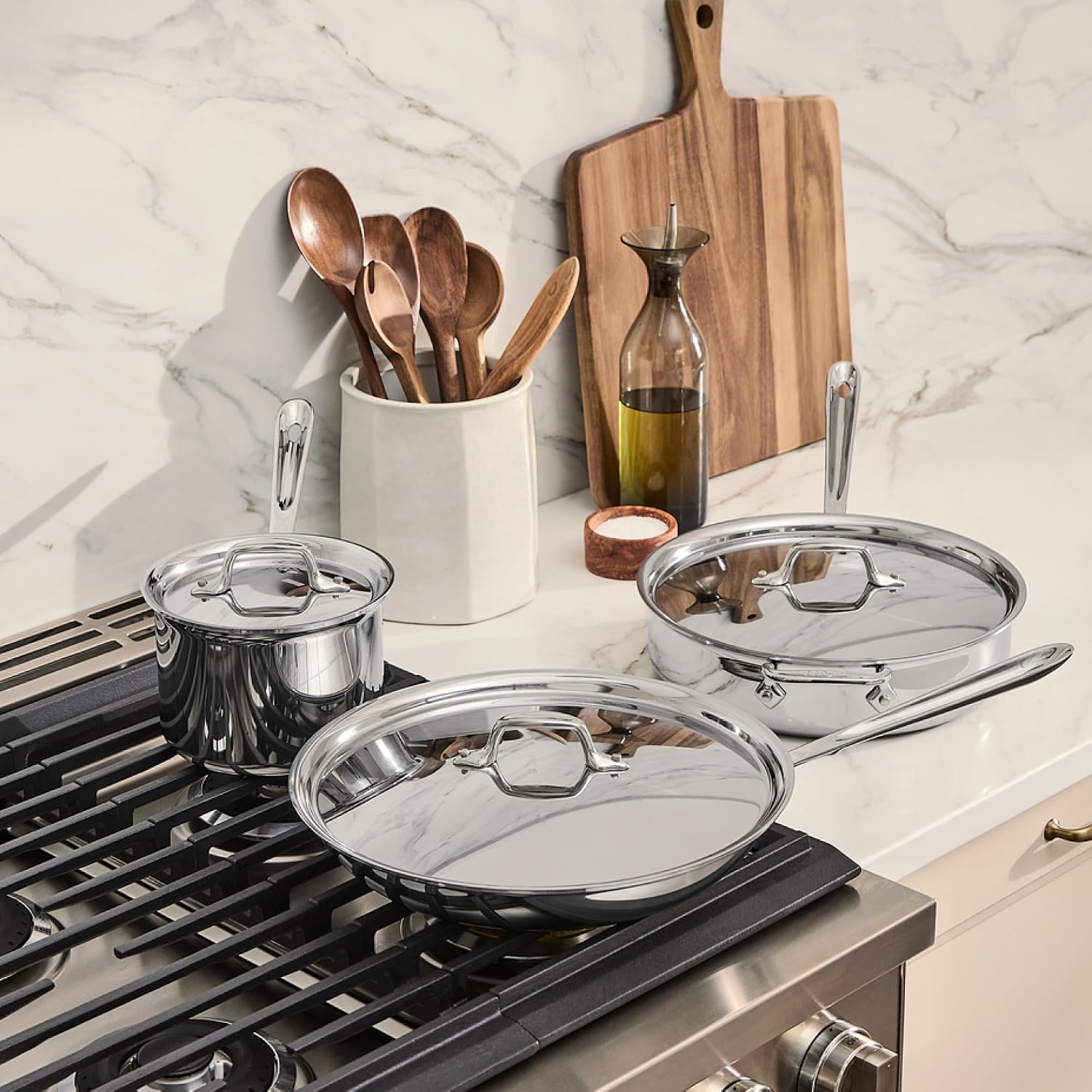 All-Clad D3® Stainless Steel 6 Piece Cookware Set- Made in USA- Includes 12' Fry Pan, 2 Qt Saucepan, 4 Qt Sautépan, Professional Grade -Oven Safe & Induction Compatible