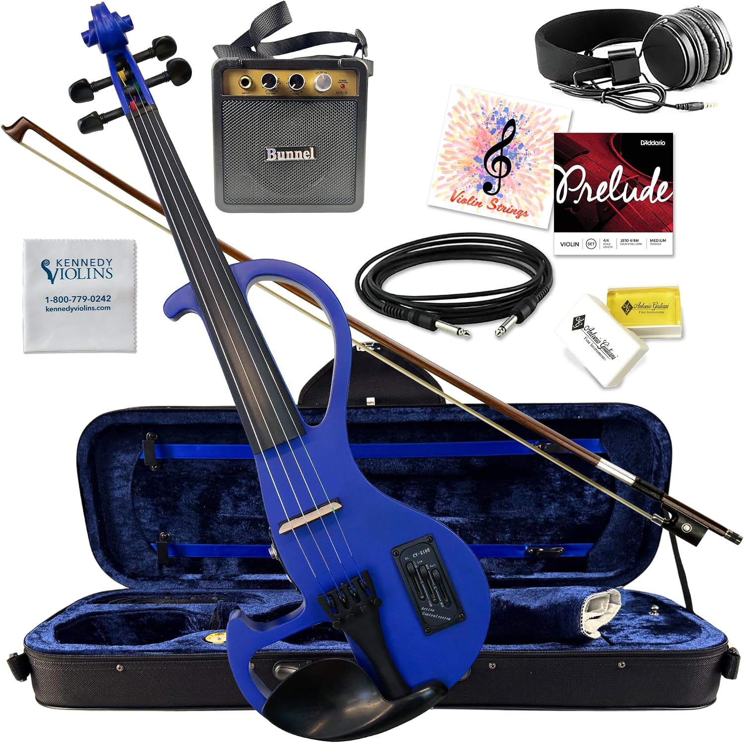 Electric Violin Bunnel Edge Outfit 4/4 Full Size (Clear) (BLUE) — With Carrying Case and Accessories Included - Headphone Jack - Piezo Ceramic Pick-up from Kennedy Violins