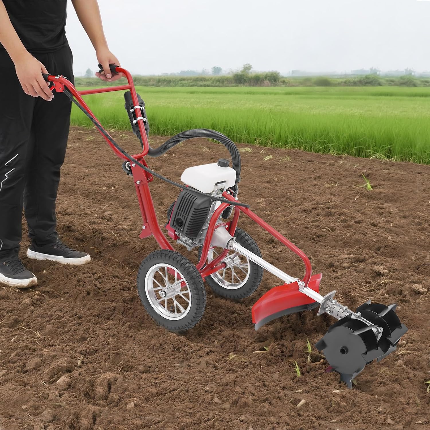63CC Gas Powered Tiller Cultivator, 4-Stroke Hand Push Micro Cultivator Lawn Mower, 3-in-1 Mowing Tilling Trenching Machine for Farms Parks Lawns Gardens Courtyards (63CC 4-Stroke)