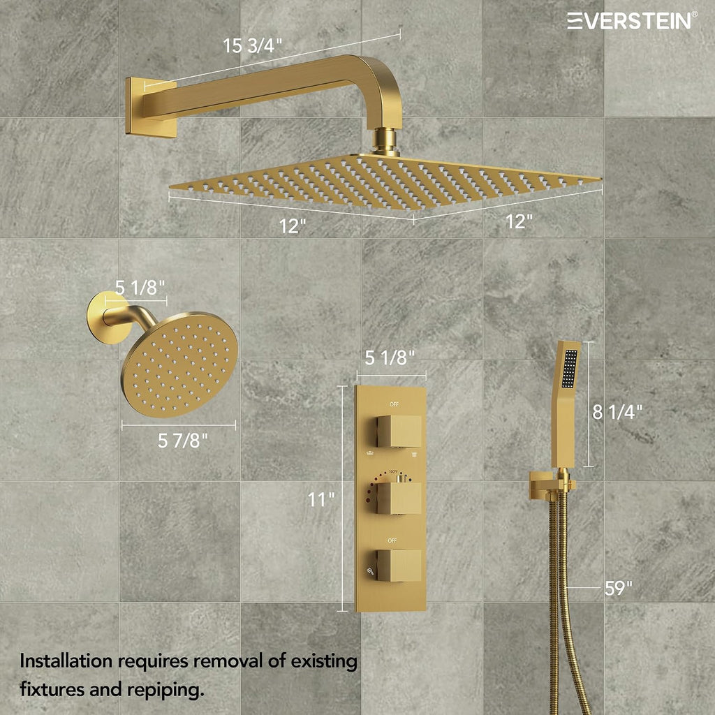 Thermostatic Shower system, 12 & 6 in. Bathroom Shower Set Wall Mount Dual Shower Head Faucet in Brushed Gold