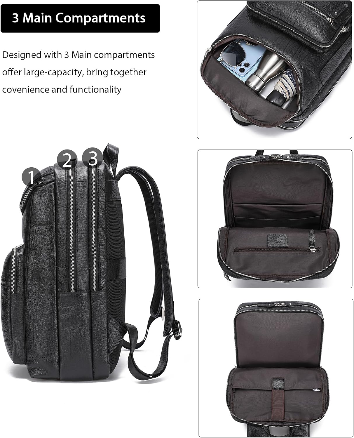 LANNSYNE Full Grain Leather Backpack For Men, 15.6' Leather Laptop Backpack Hiking Travel Bag Camping Rucksack
