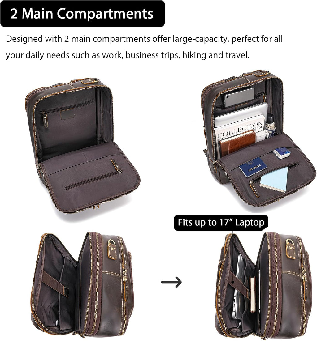 LANNSYNE Vintage Genuine Leather Backpack For Men, 2 in 1 Expandable Briefcase Fits 17'' Laptop Crossbody shoulder Bag Business/Travel Rucksack