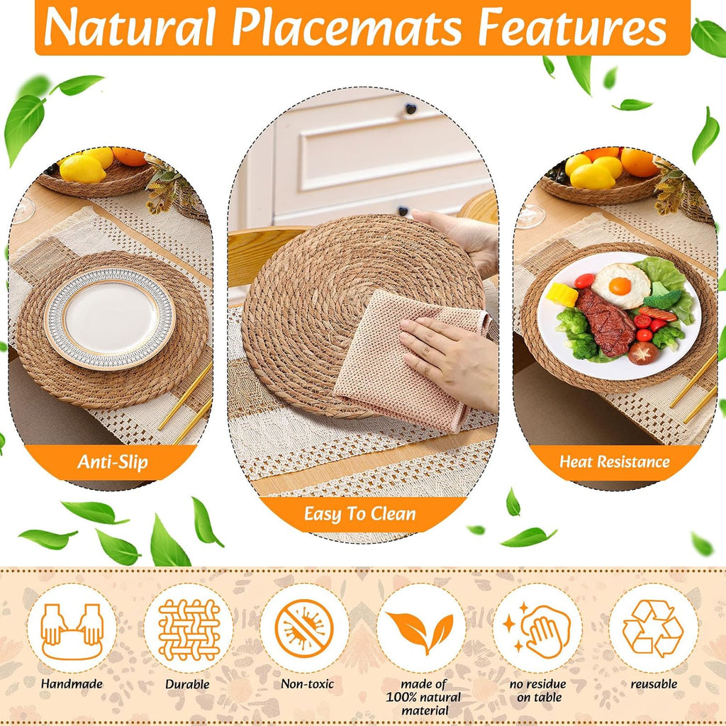 8 Sets Boho Decoration Placemats Round Woven Placemats, Cloth Napkins, Wood Bead Napkin Rings, Long Table Runner and Farmhouse Burlap Cotton for Table Kitchen (Khaki,12x108)