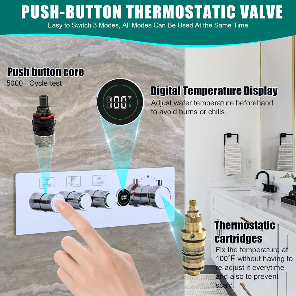 Enga 20 X 14 Inch LED Rain Shower System, Temperature-Display Thermostatic Shower Valve, 4PCS Shower Jets with ON-OFF, Dual Function Handheld Sprayer, Chrome