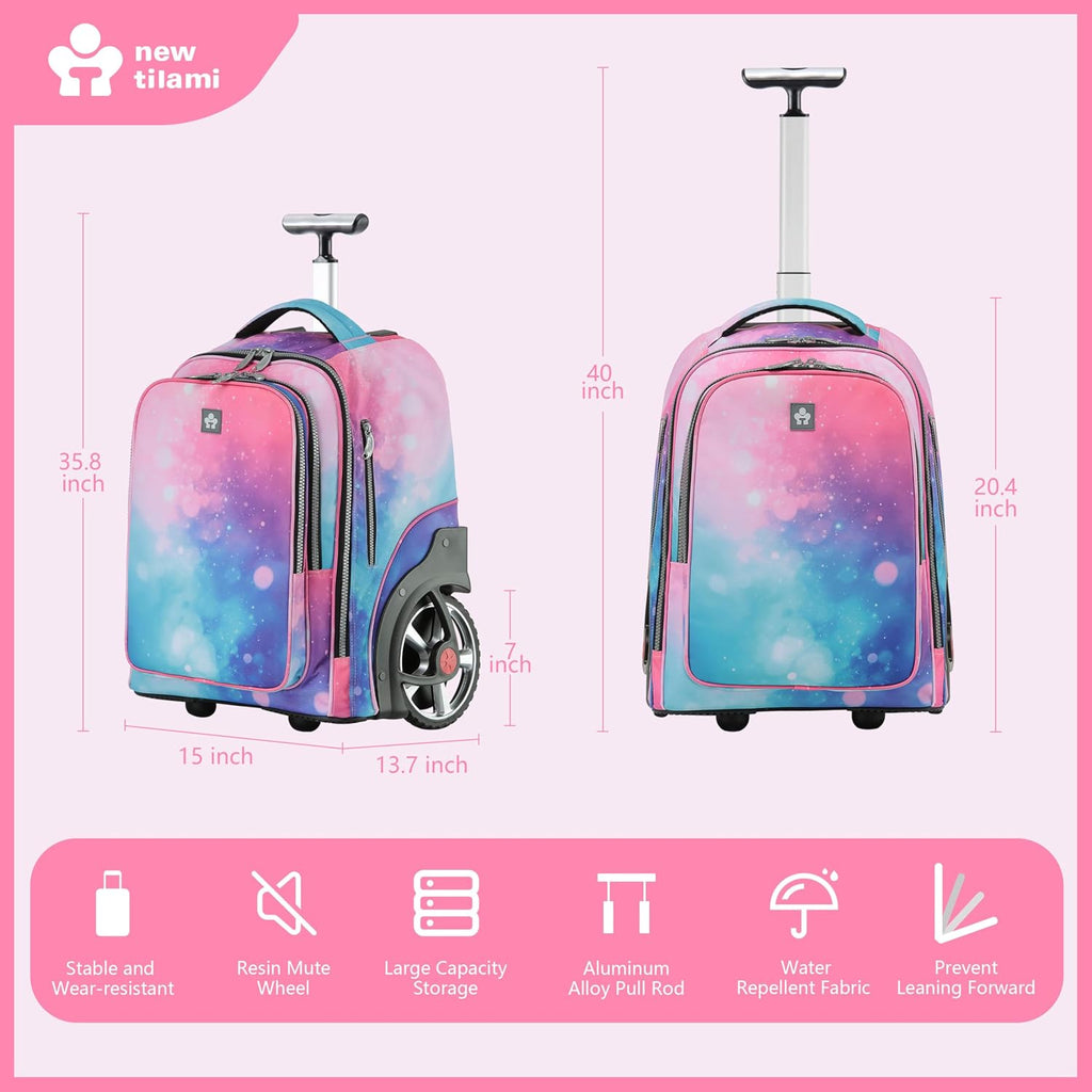 NEW TILAMI 20' Rolling Backpack for Teens Adults, Climbing Stairs Waterproof Backpack with Wheels for School Business Trave Camping with Laptop Compartment, Fit 17 Inch Laptop, Pop Gradient