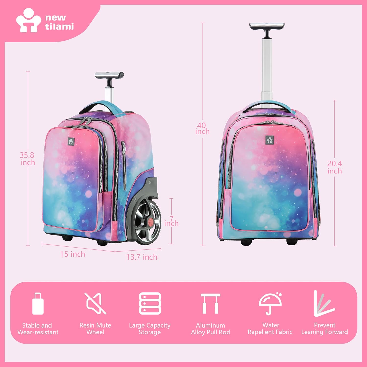 NEW TILAMI 20' Rolling Backpack for Teens Adults, Climbing Stairs Waterproof Backpack with Wheels for School Business Trave Camping with Laptop Compartment, Fit 17 Inch Laptop, Pop Gradient