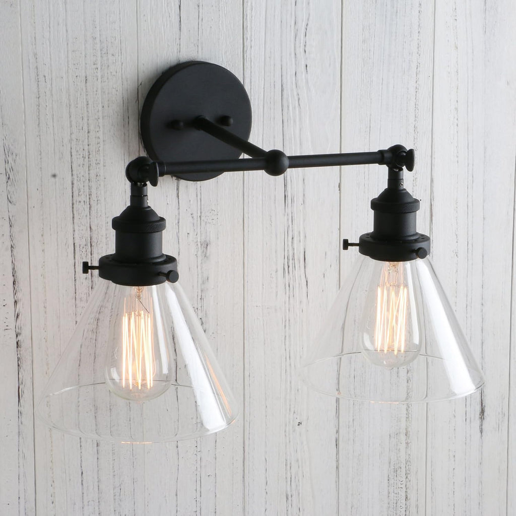PERMO Industrial Double Sconce 2-Lights Wall Sconces with Dual Funnel Clear Glass Shade Wall Sconce for Mirror Hallway Bedroom, Hardwired, E26 Base (Black)