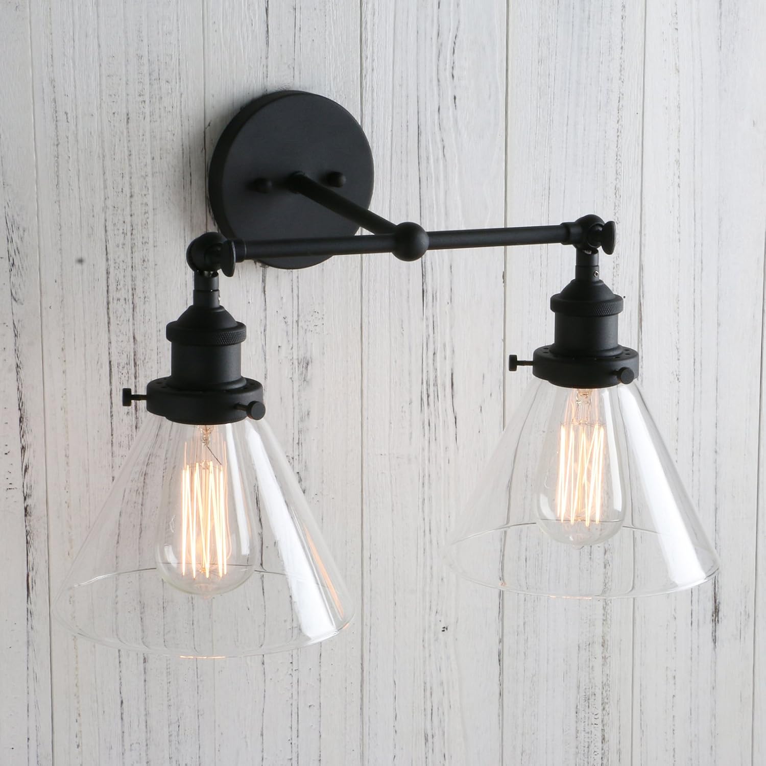 PERMO Industrial Double Sconce 2-Lights Wall Sconces with Dual Funnel Clear Glass Shade Wall Sconce for Mirror Hallway Bedroom, Hardwired, E26 Base (Black)